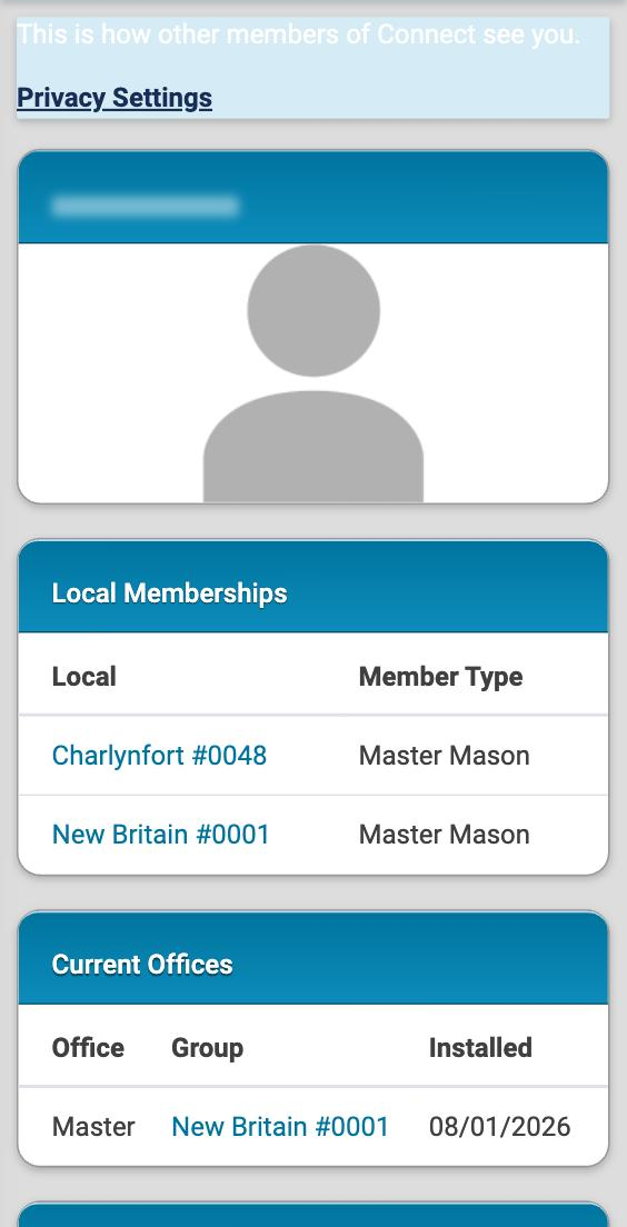A member's own page as other members see it, with the Privacy Settings note, a photo card, Local Memberships and Current Offices.