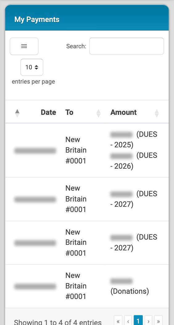 The My Payments card on a phone, with a table of dates, local groups and amounts.
