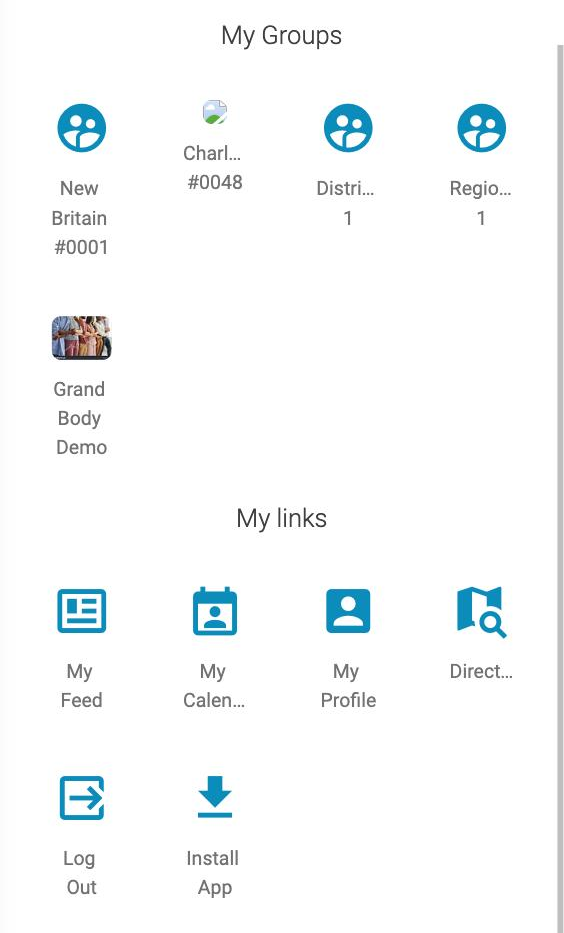 The lower part of the phone menu, with My Groups tiles above a My links section that includes My Feed, My Calendar, My Profile, Directory, Log Out and Install App.
