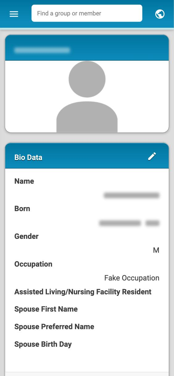 The top of My Profile on a phone, with the photo card above the Bio Data card and its pencil icon.