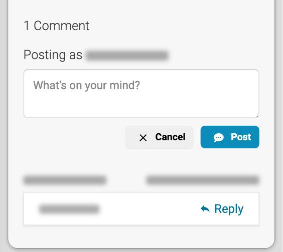 The comment area at the bottom of a news post, with the comment count, the Posting as line, an empty comment box with Cancel and Post buttons, and one comment with a Reply link.