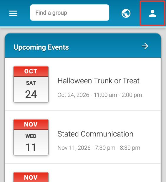 A group's main page on a phone, with the menu icon, a search box, a globe icon and a person icon in the top bar and the person icon outlined in red.