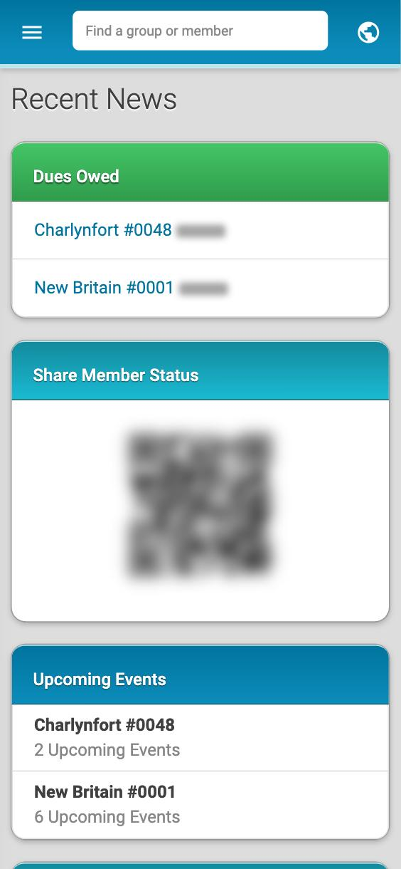 The top of My Feed on a phone, with the Dues Owed, Share Member Status and Upcoming Events cards.