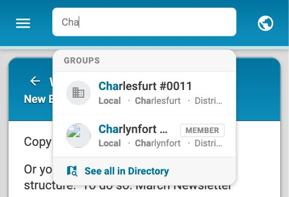 The search box with the letters Cha typed in and a list of matching groups beneath it, ending with a See all in Directory link.