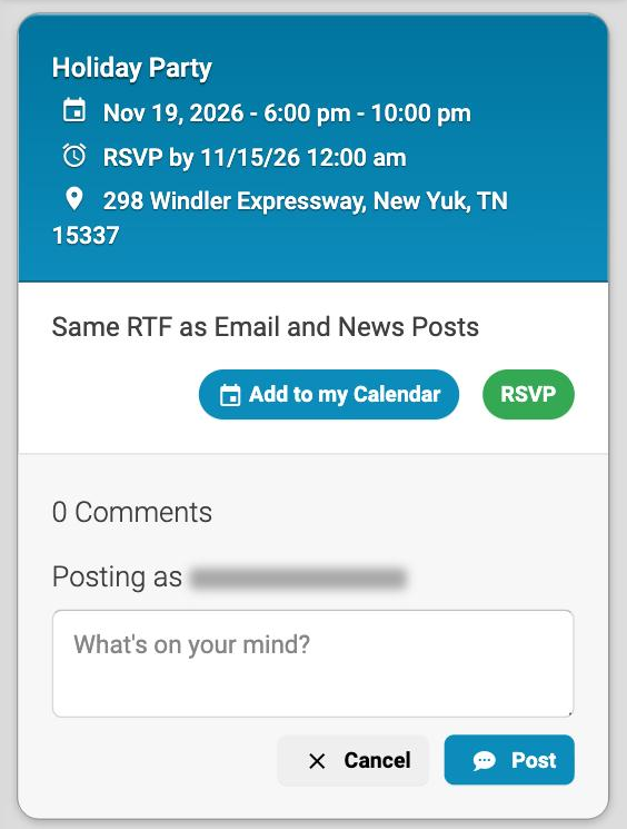 An event page showing the date, RSVP by date, location, Add to my Calendar and RSVP buttons, and a comment box.