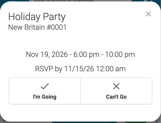 The RSVP window with the event date, the RSVP by date, and I'm Going and Can't Go buttons.