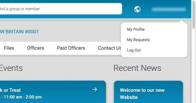 The menu under the member's name at the top right of a computer screen, listing My Profile, My Requests and Log Out.