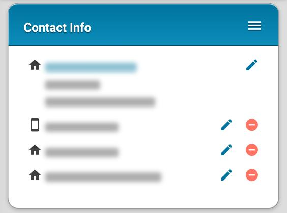 The Contact Info card with the menu closed, showing a pencil beside every entry and a red minus sign beside all but the home address.