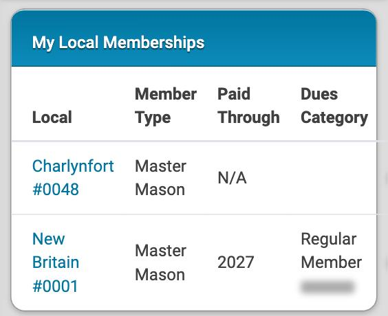 The My Local Memberships card on a phone, with a row for each local group and the Dues Owed column off the right edge.