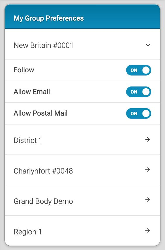 The My Group Preferences card with one group opened, showing its Follow, Allow Email and Allow Postal Mail switches.