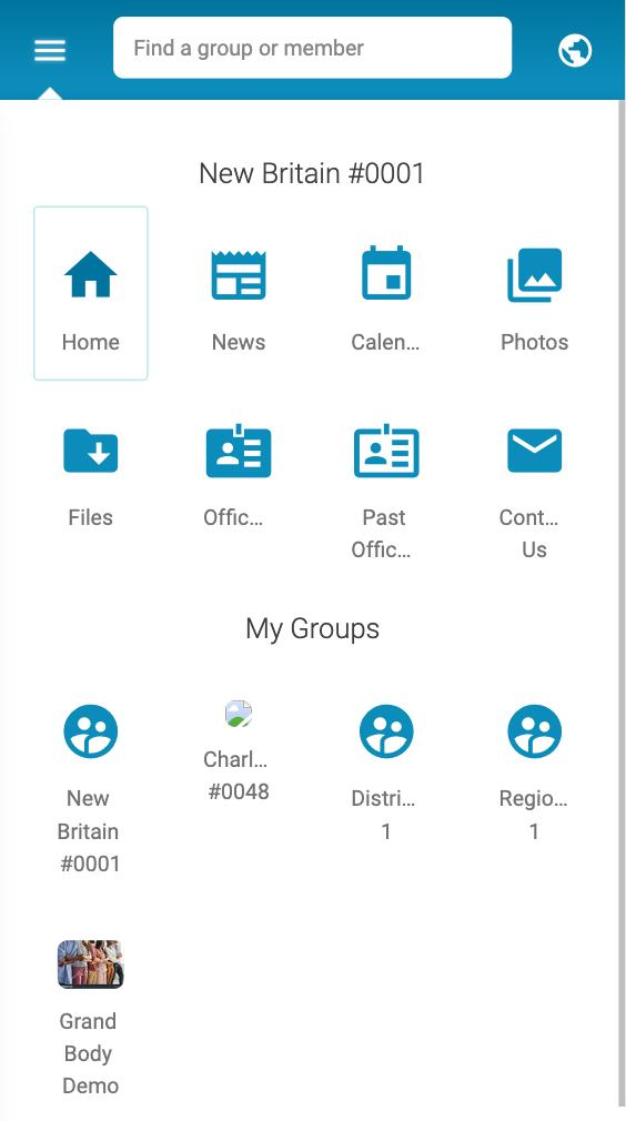 The phone menu showing the group's tiles, including Calendar, above the My Groups list.