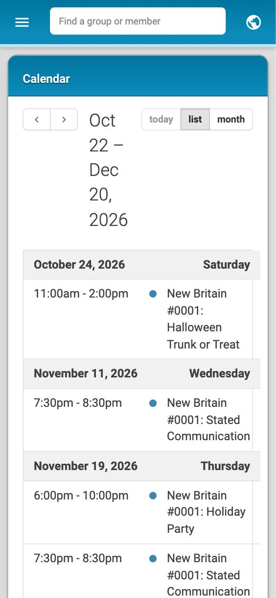 The Calendar on a phone in list view, with arrow, today, list and month buttons above a list of upcoming events.