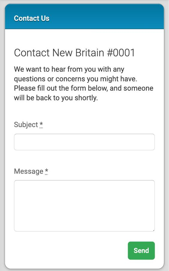 The Contact Us form with a Subject box, a Message box and a Send button.