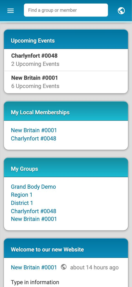 The lower part of My Feed on a phone, with the Upcoming Events, My Local Memberships and My Groups cards and the start of the first news post.