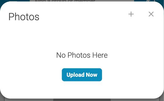 The Photos window on a phone, with a plus sign at the top and an Upload Now button under the words No Photos Here.