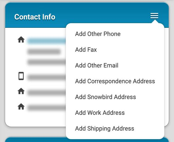 The Contact Info card with its menu open, listing choices such as Add Other Phone, Add Other Email and Add Work Address.