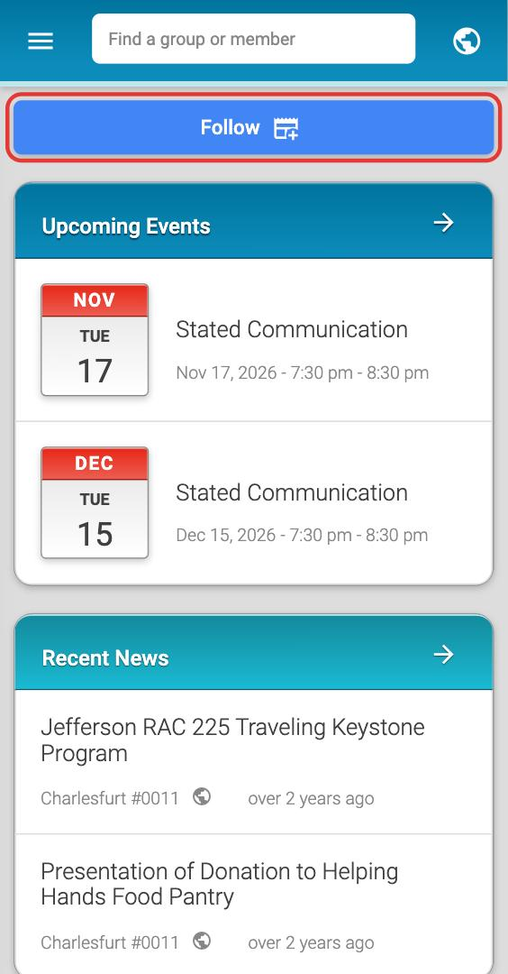 The top of a group's page on a phone, with the Follow button at the top above Upcoming Events and Recent News.