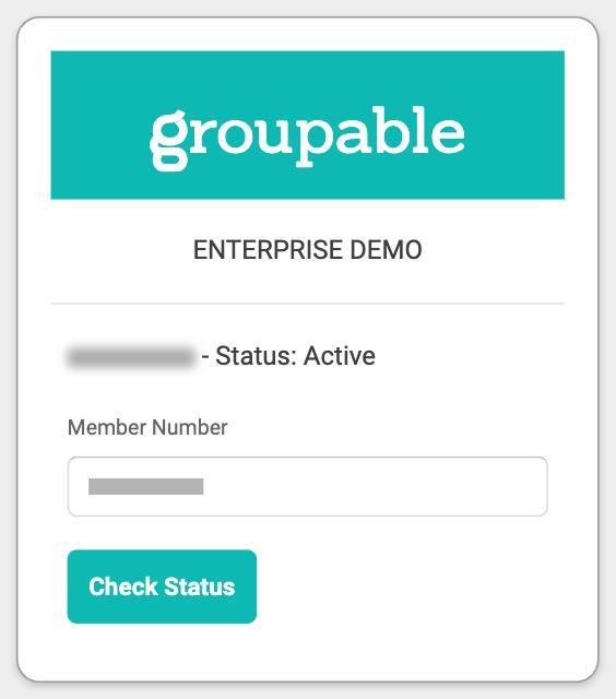 The status page a scanner sees, with the organization name, the member's name and status, a Member Number box and a Check Status button.