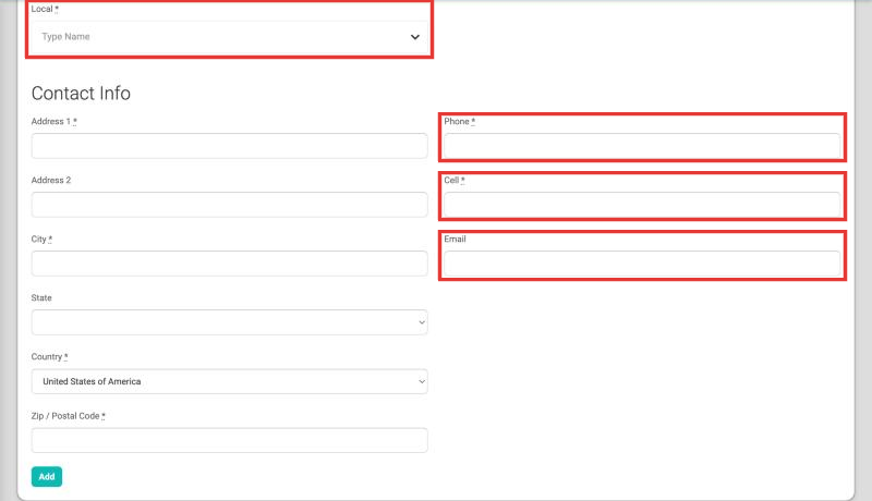 The Local, Phone, Cell, and Email fields on the Add Contact screen